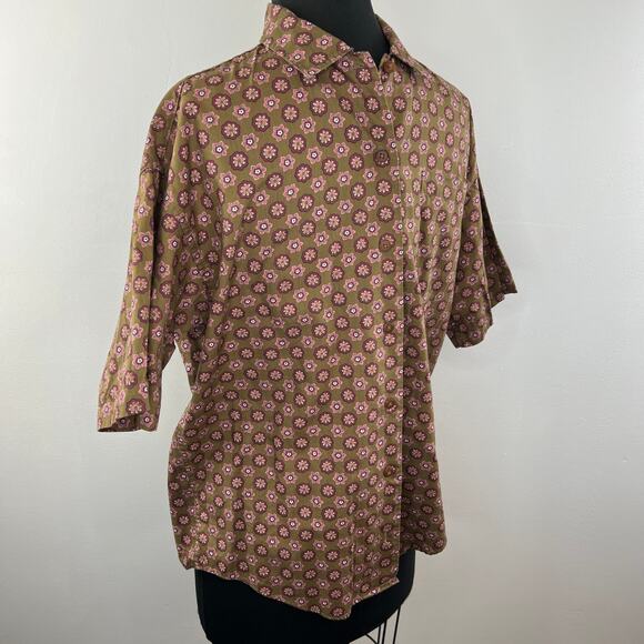 VINTAGE Aeropostale Brown Floral Print Short Sleeve Button Down Cotton Top Sz M - Picture 2 of 5